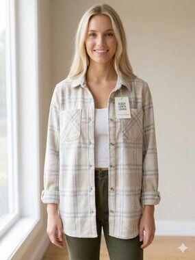 beachlunchlounge Sally Multi Plaid Shirt Jacket Shacket Women's L NWT Parchment